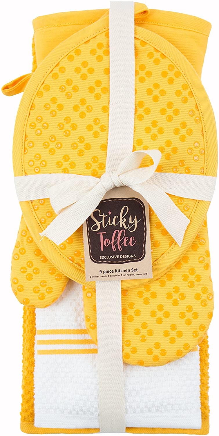 Sticky Toffee Silicone Printed Oven Mitt & Pot Holder, Cotton Terry Kitchen Dish Towel & Dishcloth, 9 Piece Set