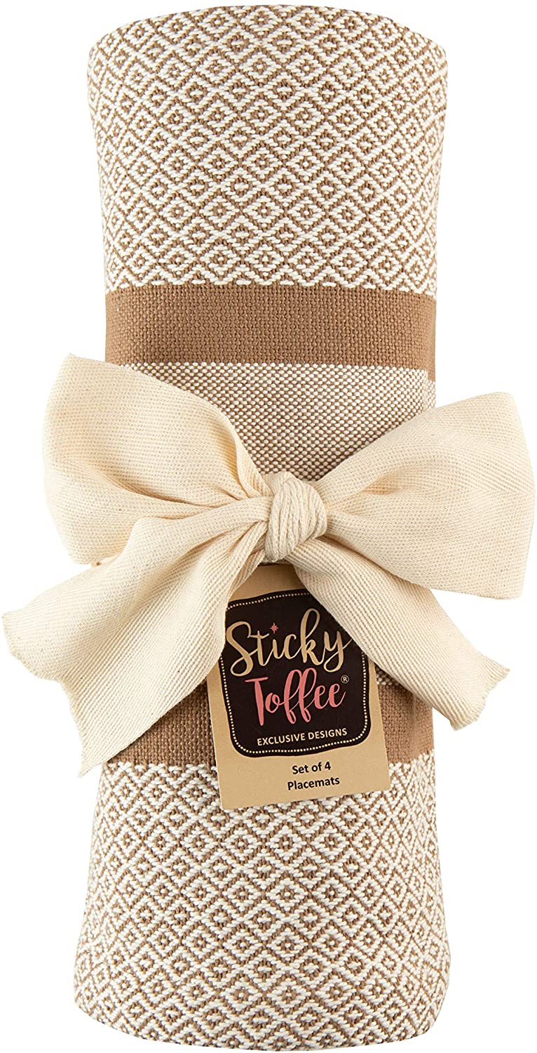 Sticky Toffee Cotton Woven Placemat Set with Fringe, Traditional Diamond, 4 Pack, 14" x 19"