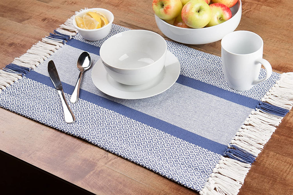 Sticky Toffee Cotton Woven Placemat Set with Fringe, Traditional Diamond, 4 Pack, 14" x 19"