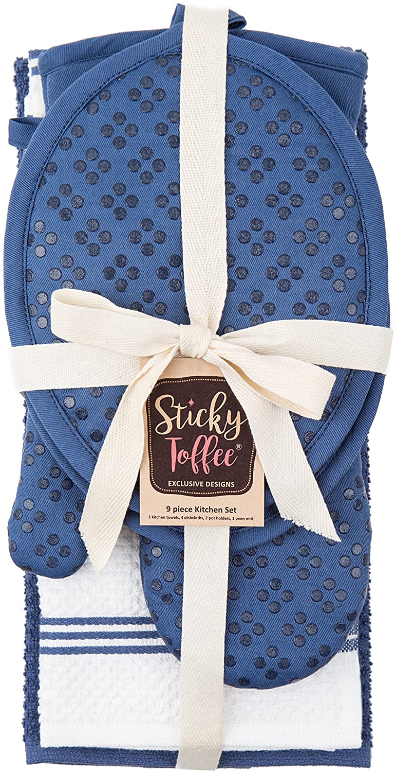 Sticky Toffee Silicone Printed Oven Mitt & Pot Holder, Cotton Terry Kitchen Dish Towel & Dishcloth, 9 Piece Set