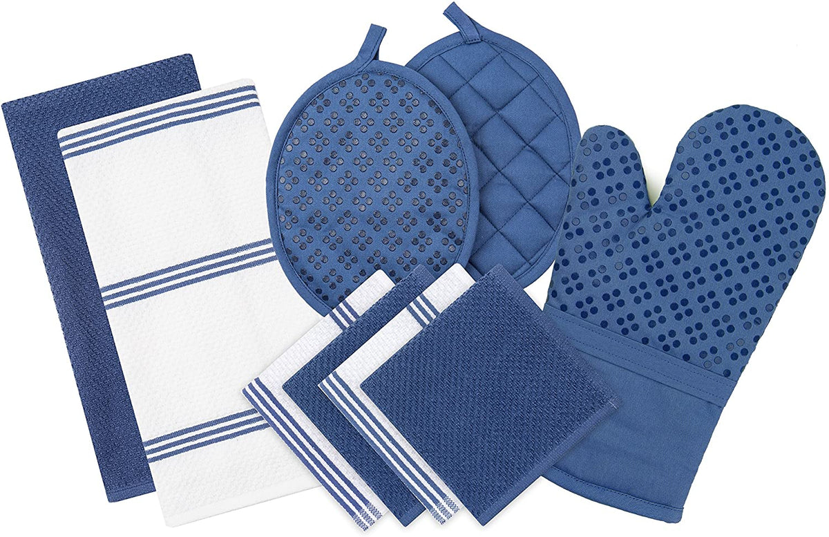 Sticky Toffee Silicone Printed Oven Mitt & Pot Holder, Cotton Terry Kitchen Dish Towel & Dishcloth, 9 Piece Set