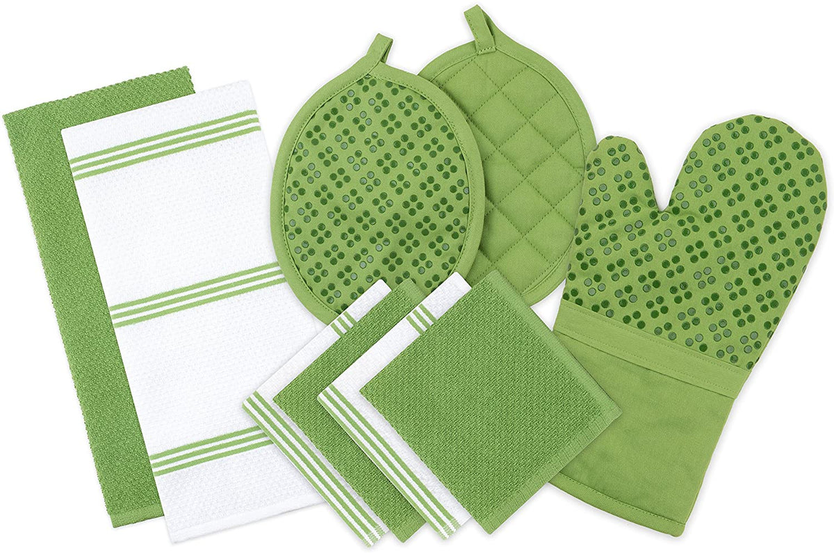 Sticky Toffee Silicone Printed Oven Mitt & Pot Holder, Cotton Terry Kitchen Dish Towel & Dishcloth, 9 Piece Set