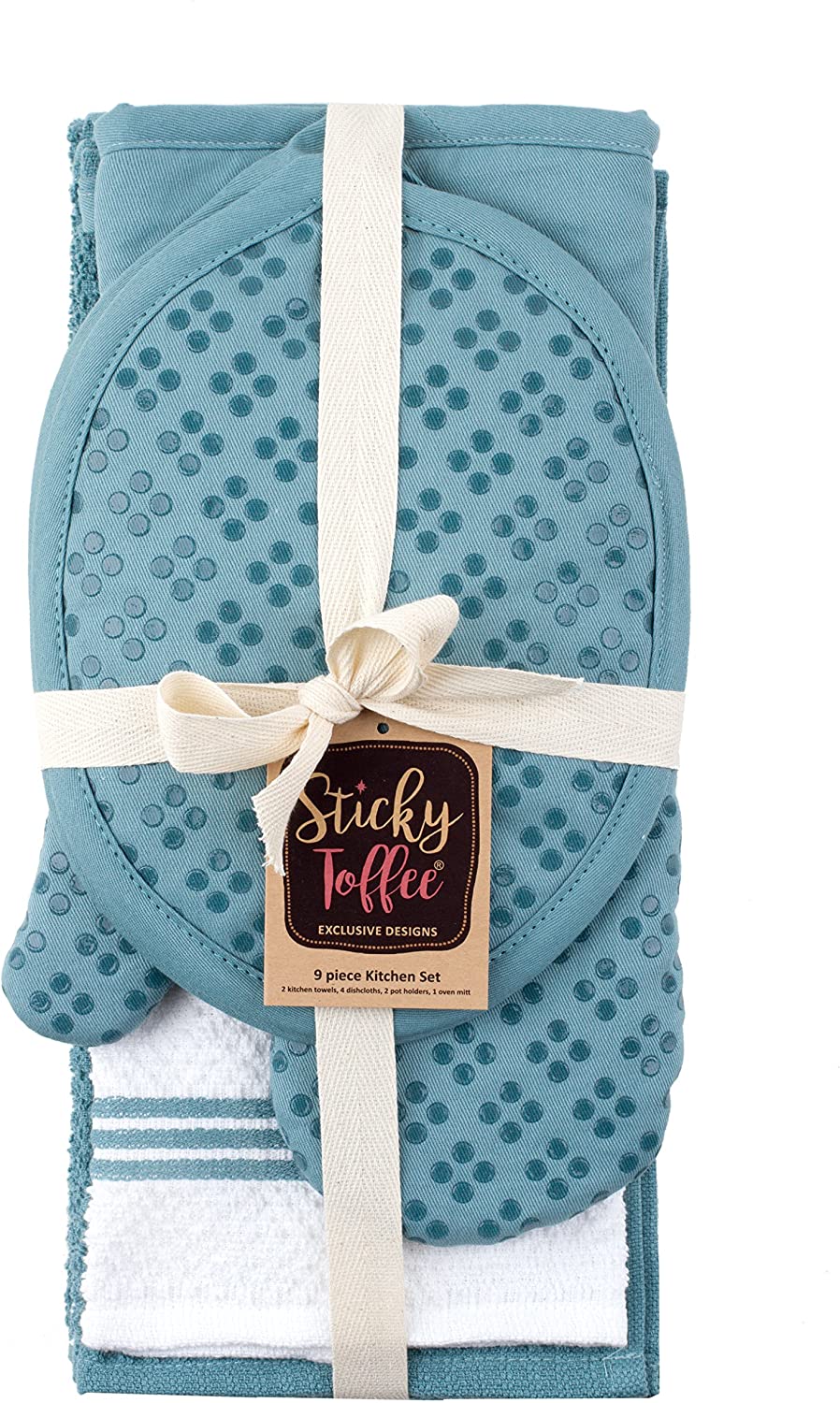 Sticky Toffee Silicone Printed Oven Mitt & Pot Holder, Cotton Terry Kitchen Dish Towel & Dishcloth, 9 Piece Set