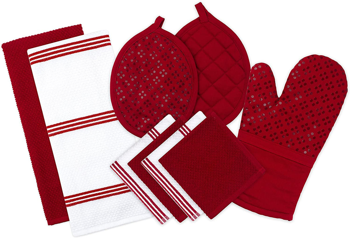 Sticky Toffee Silicone Printed Oven Mitt & Pot Holder, Cotton Terry Kitchen Dish Towel & Dishcloth, 9 Piece Set
