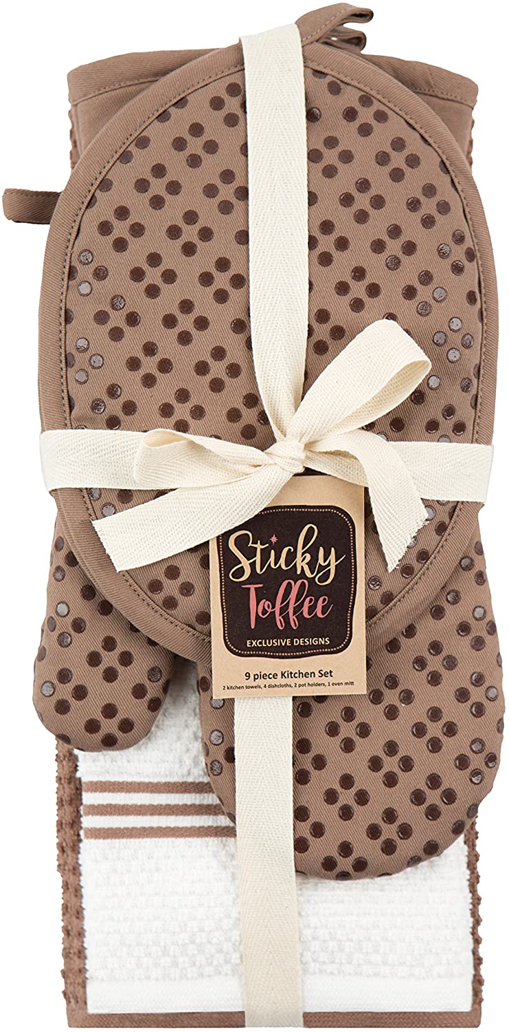 Sticky Toffee Silicone Printed Oven Mitt & Pot Holder, Cotton Terry Kitchen Dish Towel & Dishcloth, 9 Piece Set