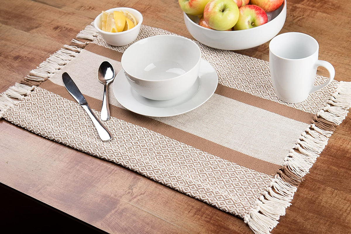 Sticky Toffee Cotton Woven Placemat Set with Fringe, Traditional Diamond, 4 Pack, 14" x 19"