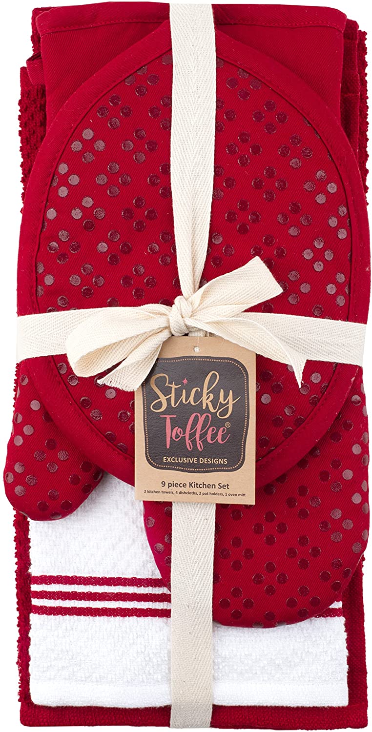 Sticky Toffee Silicone Printed Oven Mitt & Pot Holder, Cotton Terry Kitchen Dish Towel & Dishcloth, 9 Piece Set