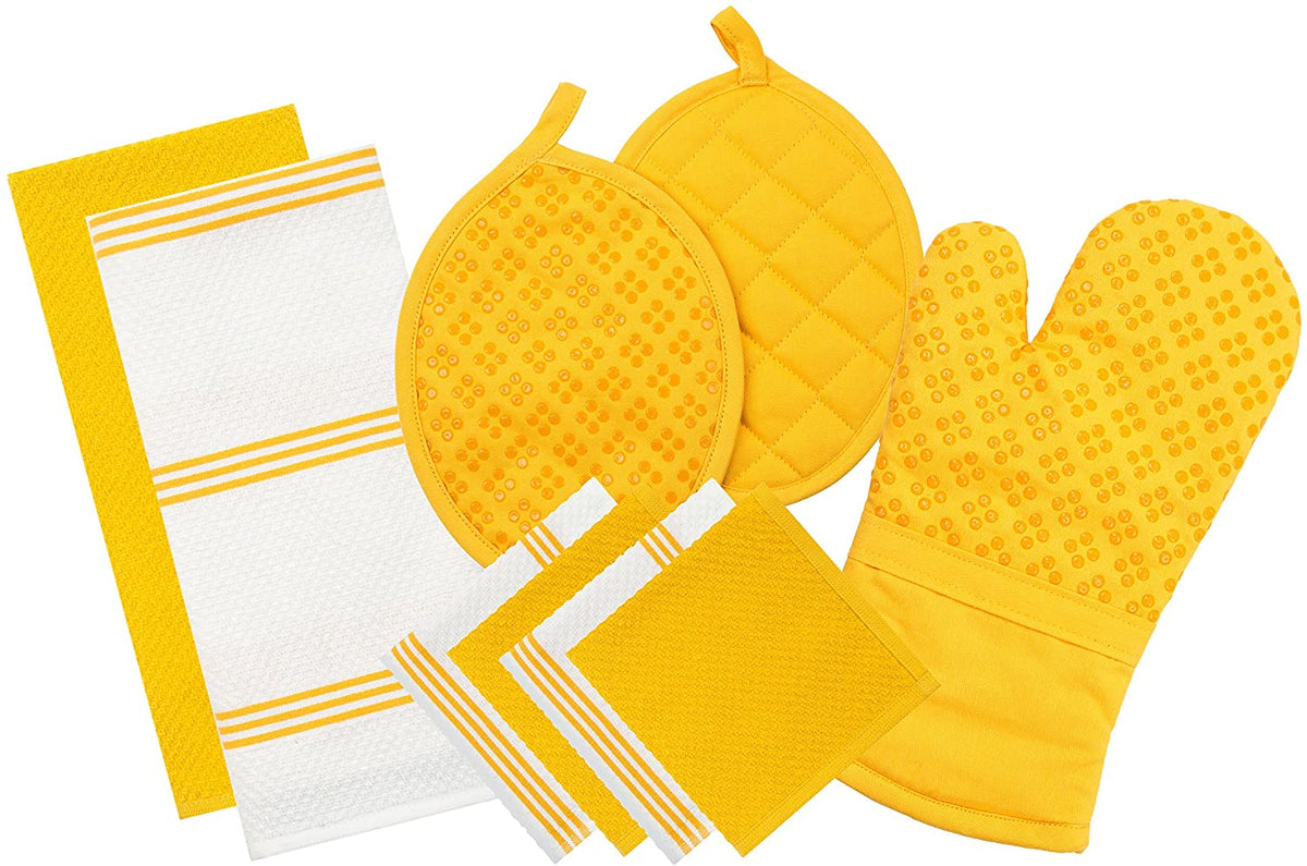 Sticky Toffee Silicone Printed Oven Mitt & Pot Holder, Cotton Terry Kitchen Dish Towel & Dishcloth, 9 Piece Set