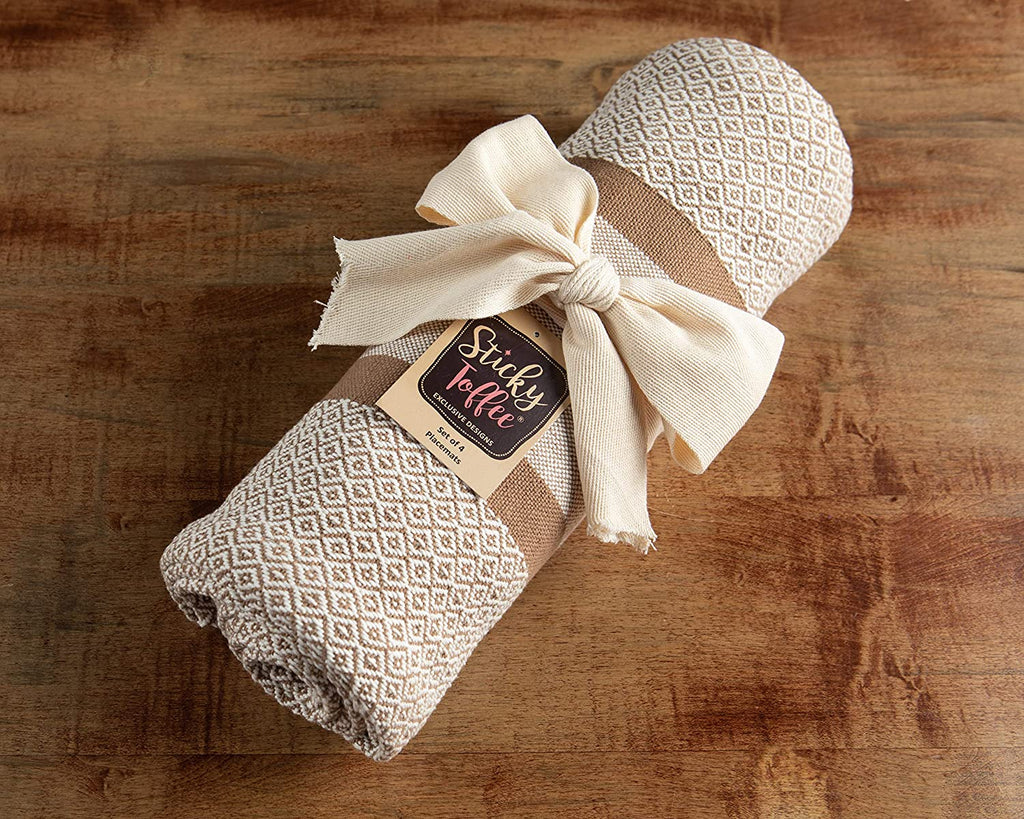 Sticky Toffee Cotton Woven Placemat Set with Fringe, Traditional Diamond, 4 Pack, 14" x 19"