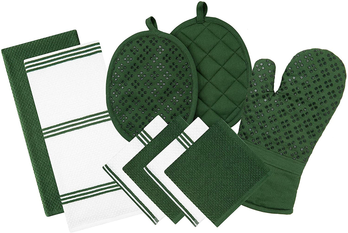 Sticky Toffee Silicone Printed Oven Mitt & Pot Holder, Cotton Terry Kitchen Dish Towel & Dishcloth, 9 Piece Set