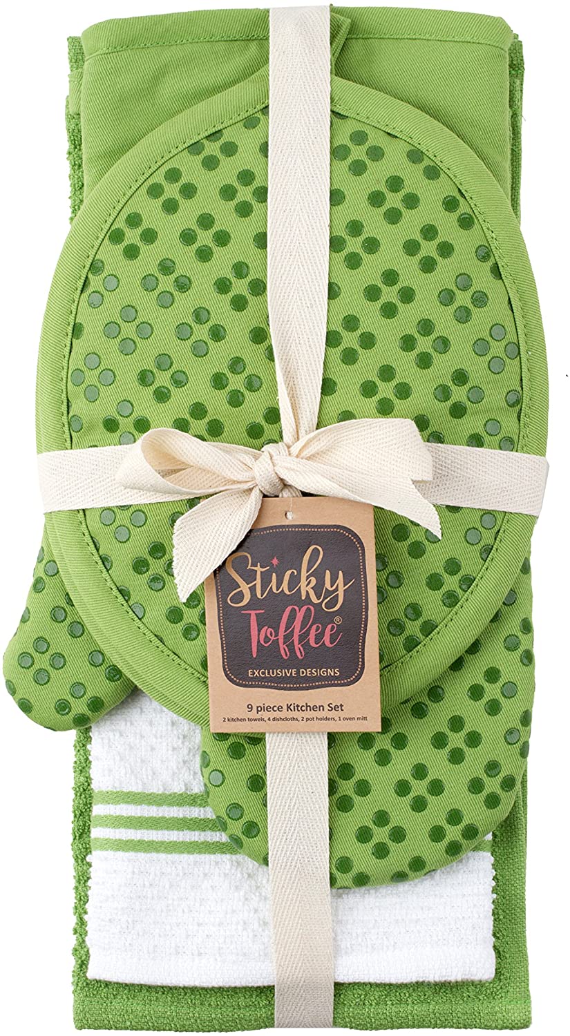 Sticky Toffee Silicone Printed Oven Mitt & Pot Holder, Cotton Terry Kitchen Dish Towel & Dishcloth, 9 Piece Set