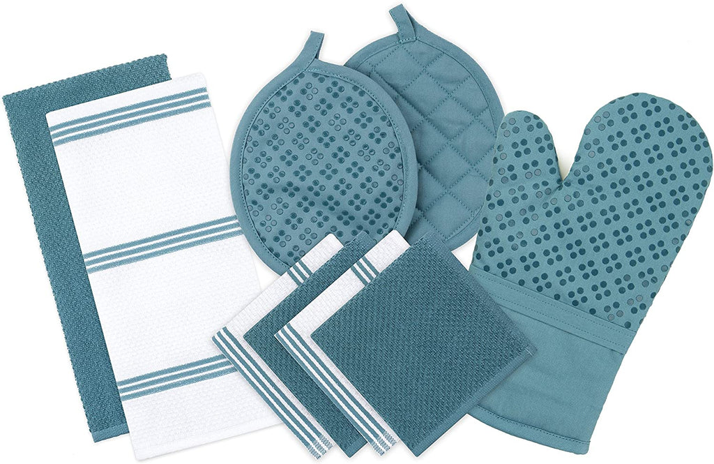 Sticky Toffee Silicone Printed Oven Mitt & Pot Holder, Cotton Terry Kitchen Dish Towel & Dishcloth, 9 Piece Set