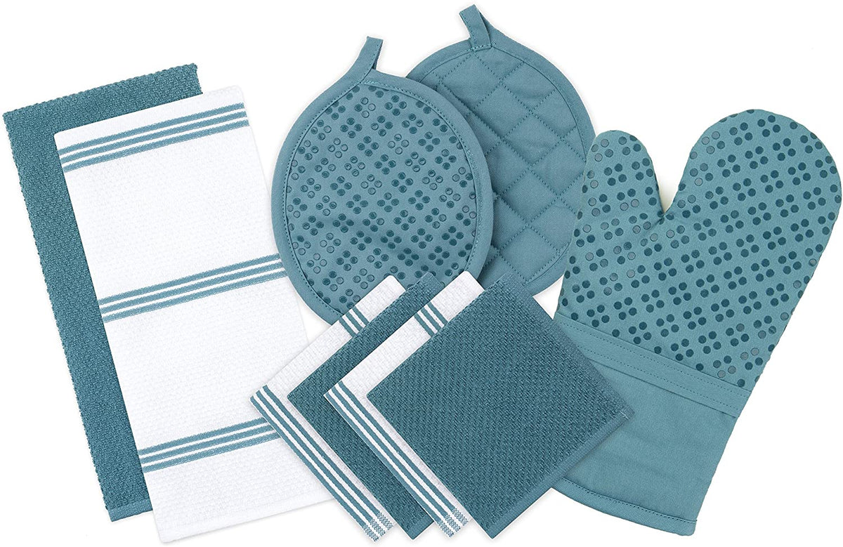 Sticky Toffee Silicone Printed Oven Mitt & Pot Holder, Cotton Terry Kitchen Dish Towel & Dishcloth, 9 Piece Set