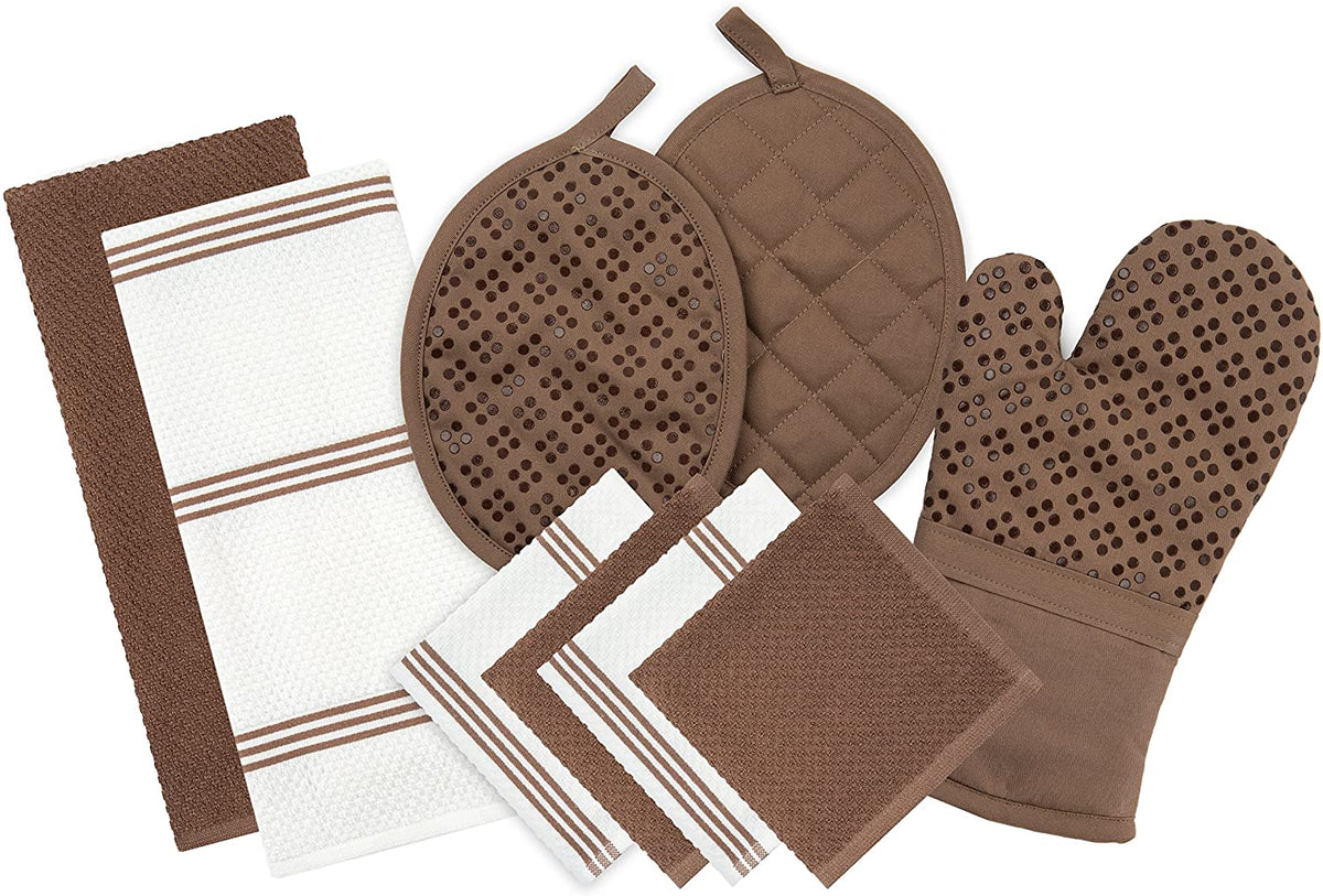 Sticky Toffee Silicone Printed Oven Mitt & Pot Holder, Cotton Terry Kitchen Dish Towel & Dishcloth, 9 Piece Set