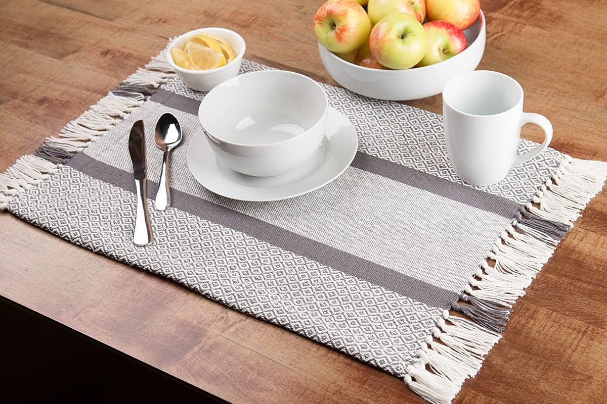 Sticky Toffee Cotton Woven Placemat Set with Fringe, Traditional Diamond, 4 Pack, 14" x 19"