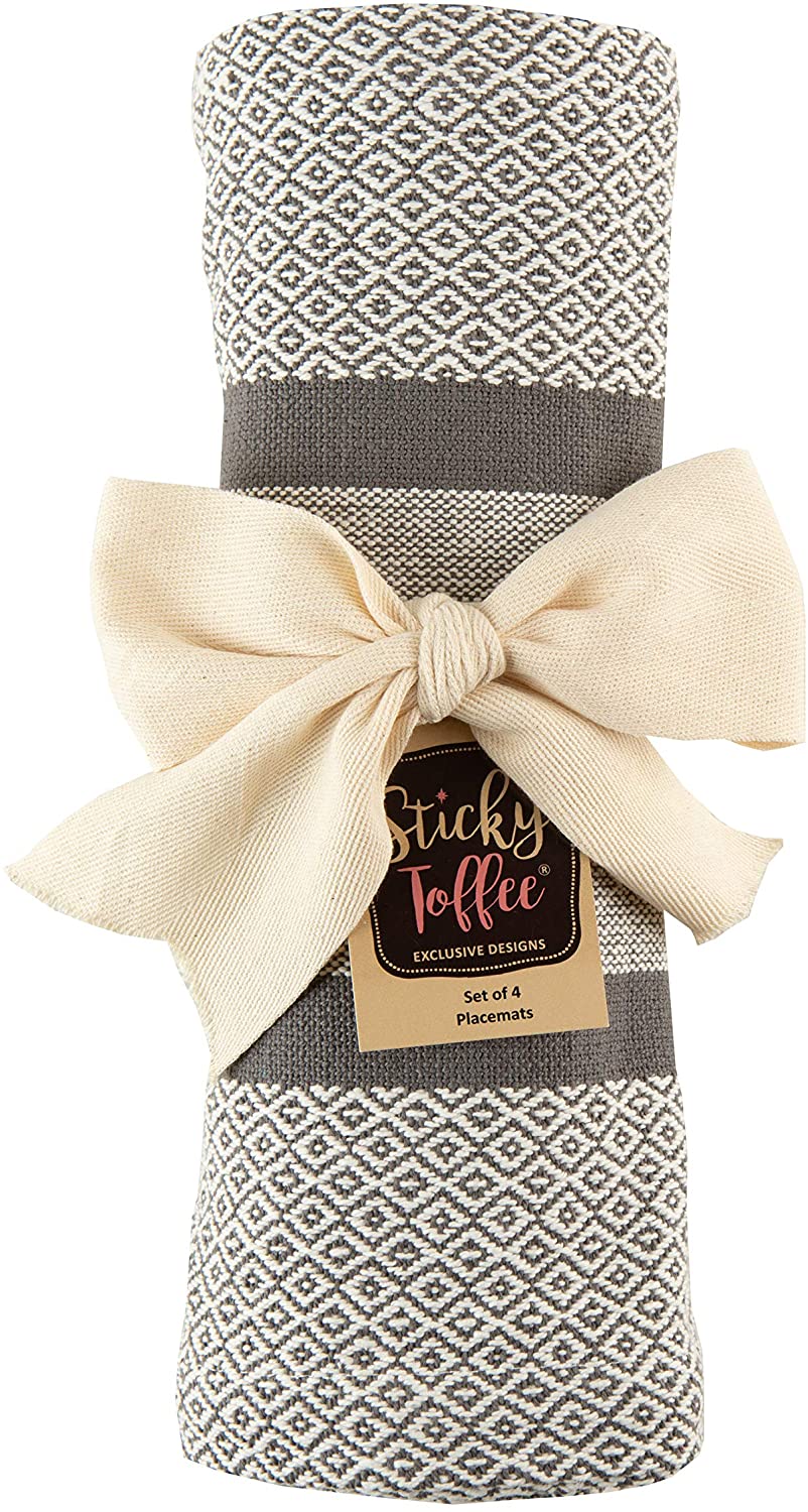 Sticky Toffee Cotton Woven Placemat Set with Fringe, Traditional Diamond, 4 Pack, 14" x 19"