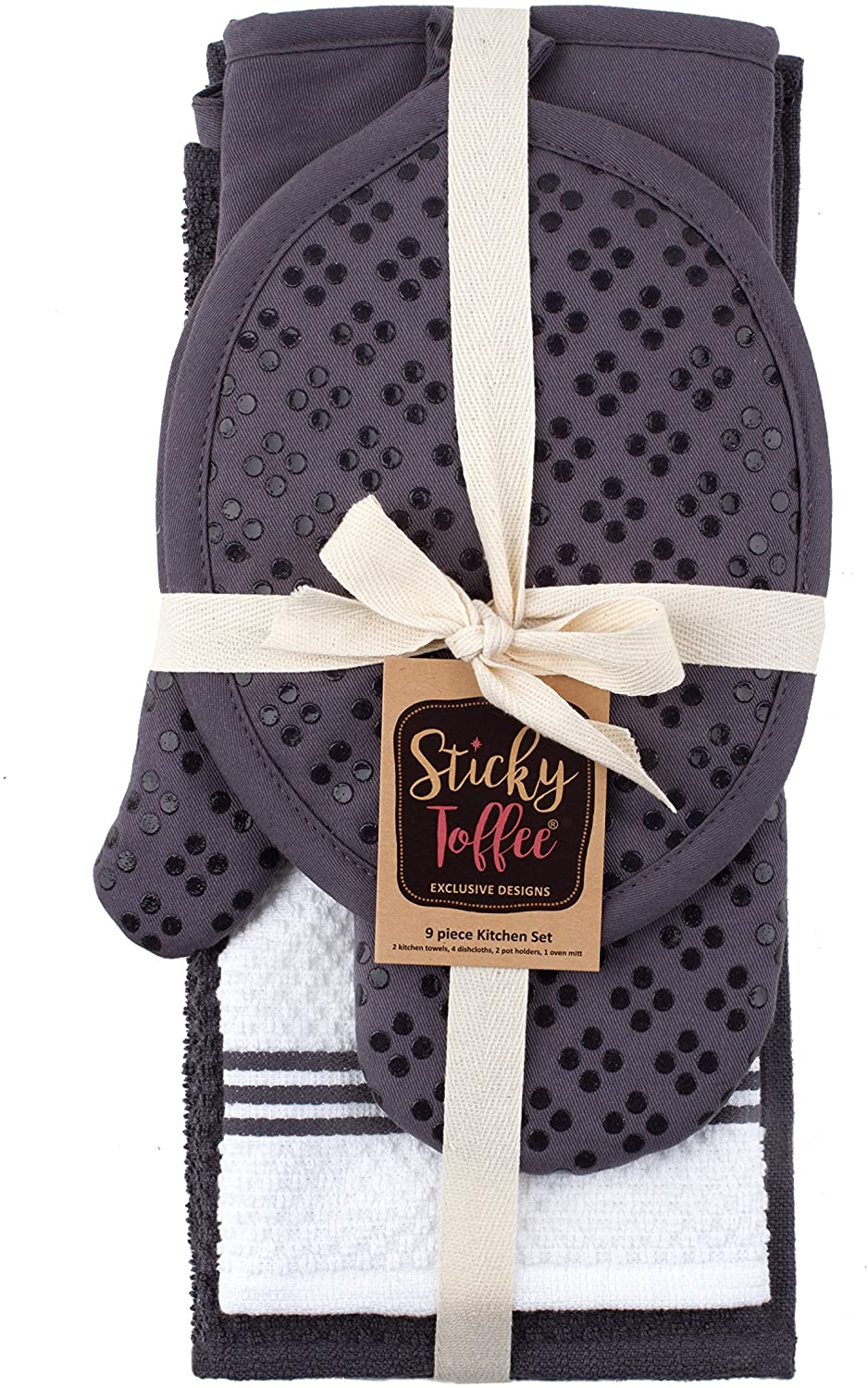 Sticky Toffee Silicone Printed Oven Mitt & Pot Holder, Cotton Terry Kitchen Dish Towel & Dishcloth, 9 Piece Set