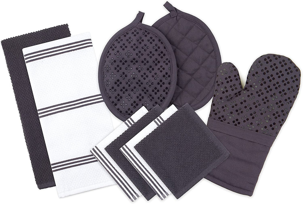 Sticky Toffee Silicone Printed Oven Mitt & Pot Holder, Cotton Terry Kitchen Dish Towel & Dishcloth, 9 Piece Set
