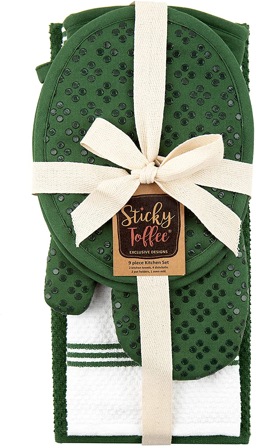 Sticky Toffee Silicone Printed Oven Mitt & Pot Holder, Cotton Terry Kitchen Dish Towel & Dishcloth, 9 Piece Set