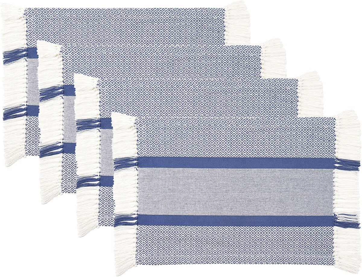 Sticky Toffee Cotton Woven Placemat Set with Fringe, Traditional Diamond, 4 Pack, 14" x 19"