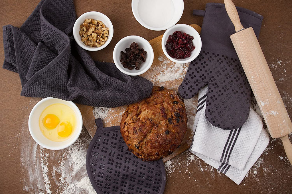 Sticky Toffee Silicone Printed Oven Mitt & Pot Holder, Cotton Terry Kitchen Dish Towel & Dishcloth, 9 Piece Set