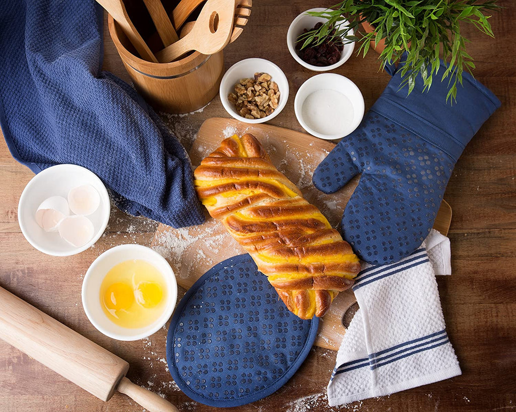 Sticky Toffee Silicone Printed Oven Mitt & Pot Holder, Cotton Terry Kitchen Dish Towel & Dishcloth, 9 Piece Set