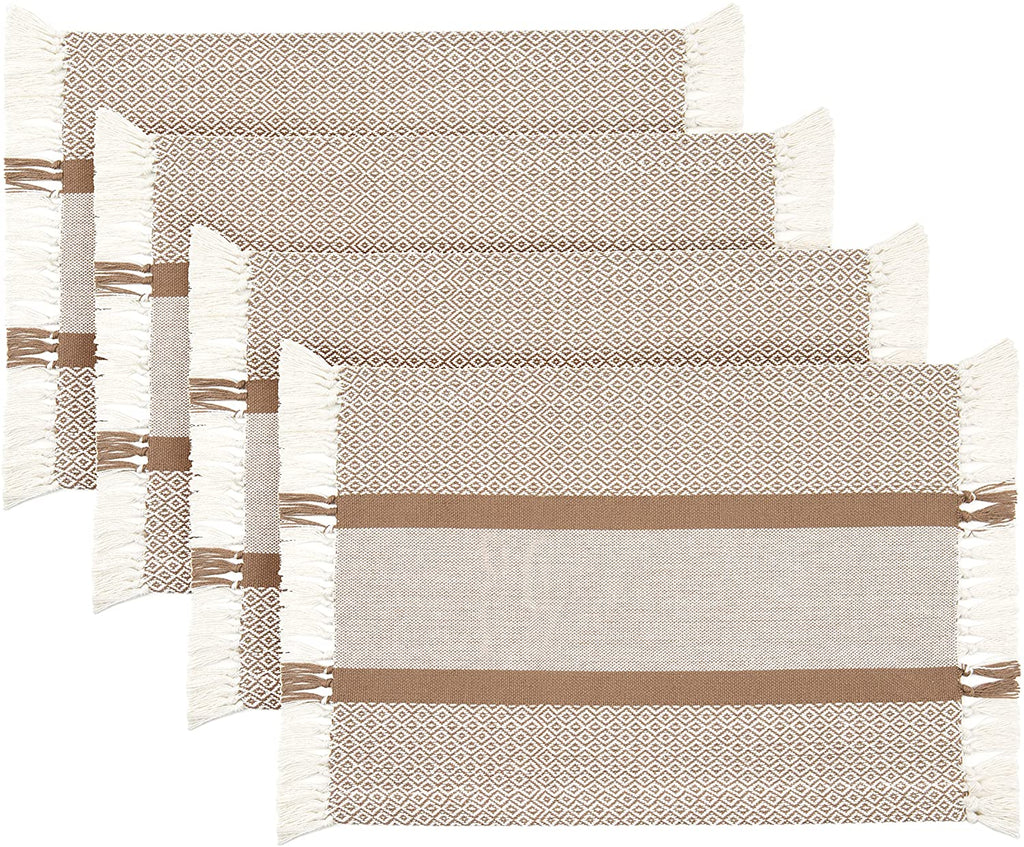 Sticky Toffee Cotton Woven Placemat Set with Fringe, Traditional Diamond, 4 Pack, 14" x 19"