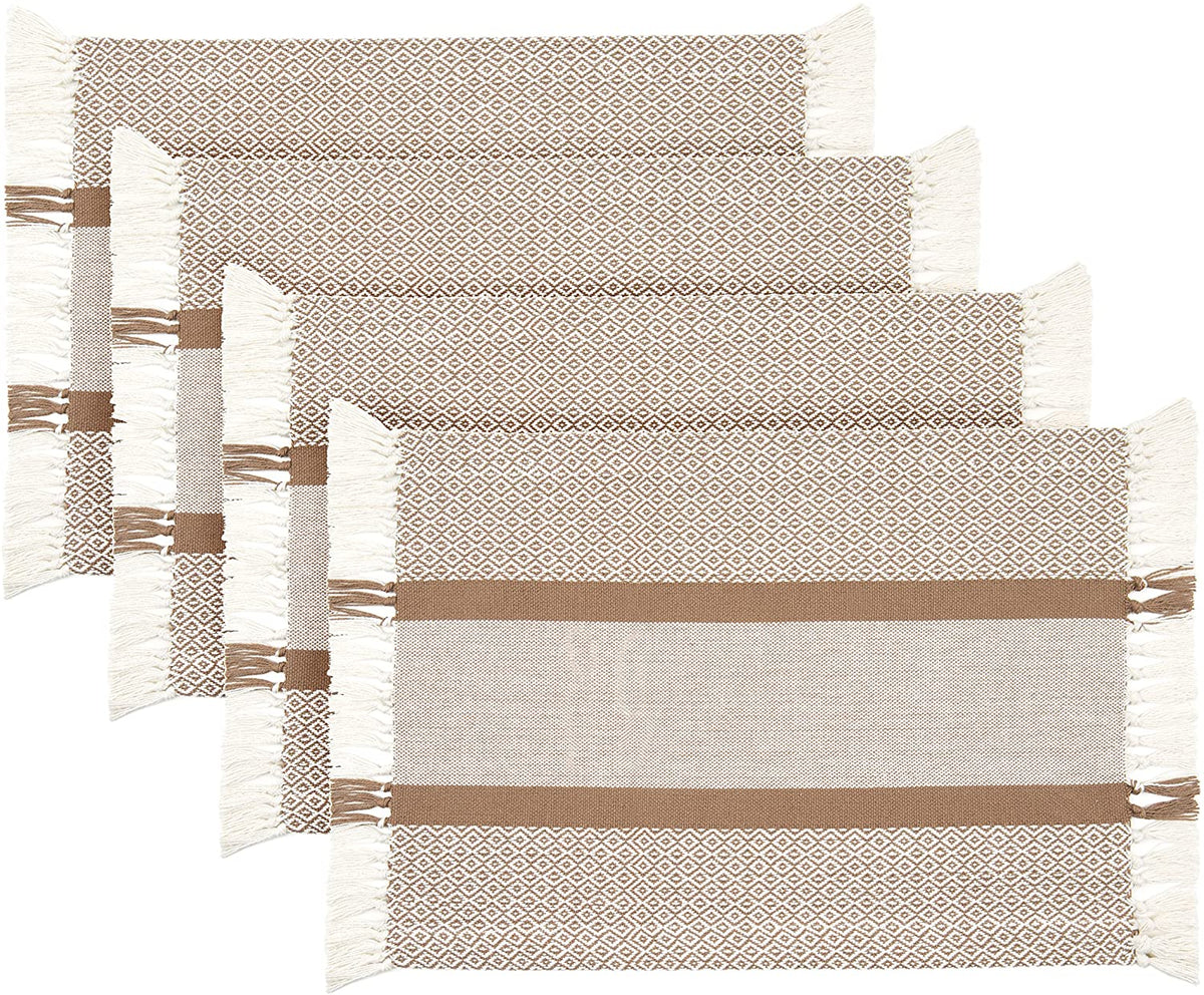 Sticky Toffee Cotton Woven Placemat Set with Fringe, Traditional Diamond, 4 Pack, 14" x 19"