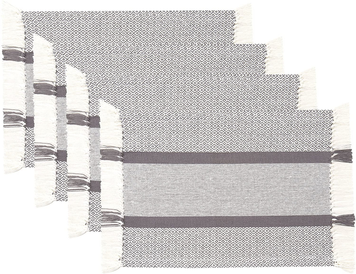Sticky Toffee Cotton Woven Placemat Set with Fringe, Traditional Diamond, 4 Pack, 14" x 19"