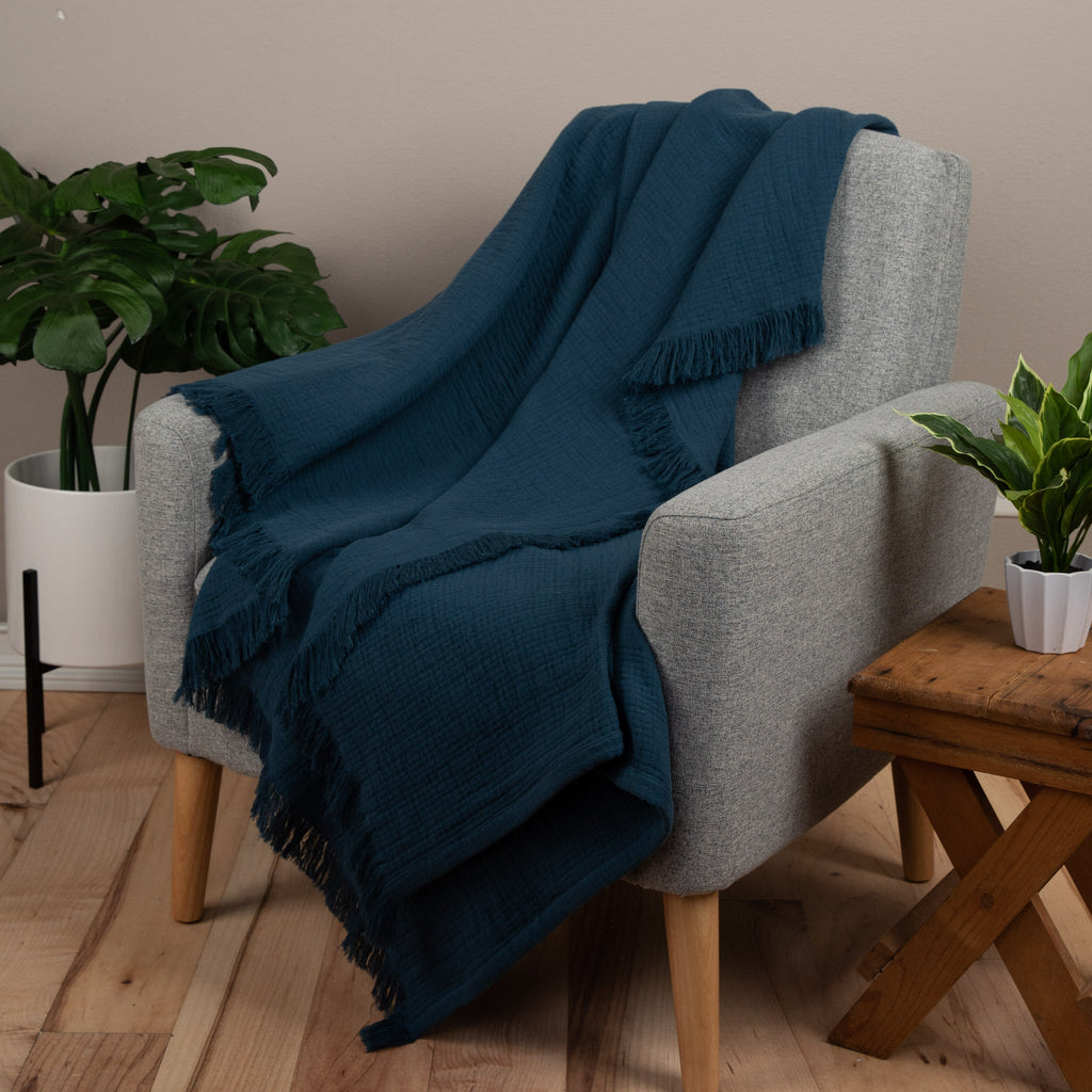 Sticky Toffee Cotton Muslin Throw Blanket with Fringe, 60" x 50"