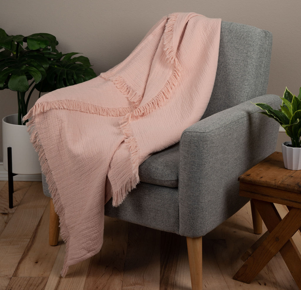 Sticky Toffee Cotton Muslin Throw Blanket with Fringe, 60" x 50"