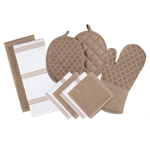 Sticky Toffee Silicone Printed Oven Mitt & Pot Holder, Cotton Terry Kitchen Dish Towel & Dishcloth, 9 Piece Set