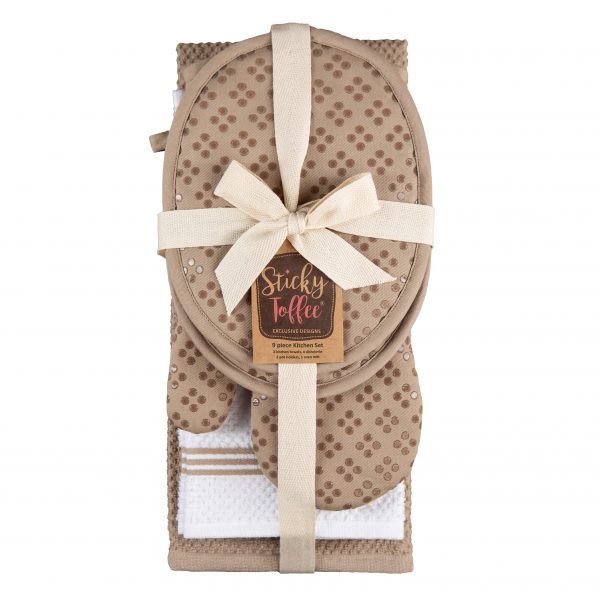 Sticky Toffee Silicone Printed Oven Mitt & Pot Holder, Cotton Terry Kitchen Dish Towel & Dishcloth, 9 Piece Set