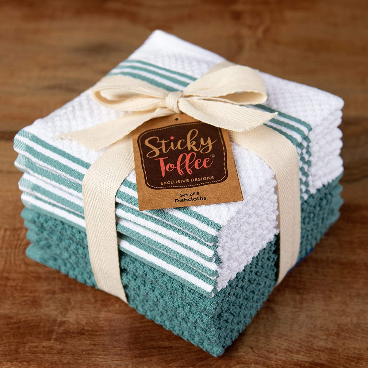 Sticky Toffee Cotton Terry Kitchen Dishcloth, Striped, 8 Pack, 12" x 12"