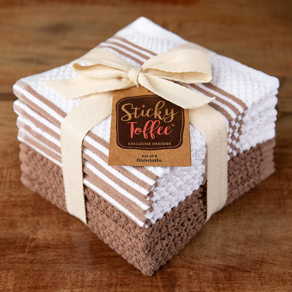 Sticky Toffee Cotton Terry Kitchen Dishcloth, Striped, 8 Pack, 12" x 12"