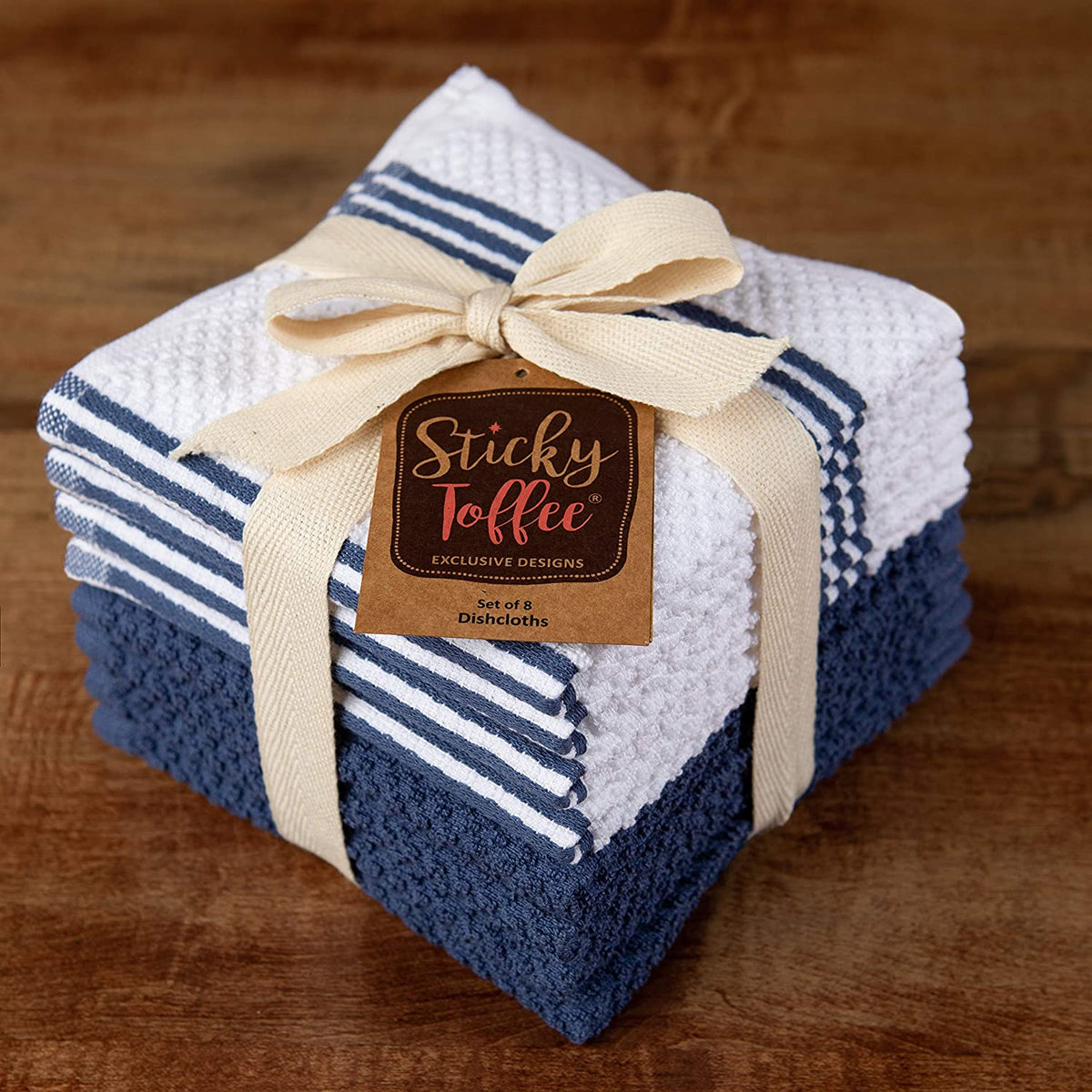 Sticky Toffee Cotton Terry Kitchen Dishcloth, Striped, 8 Pack, 12" x 12"