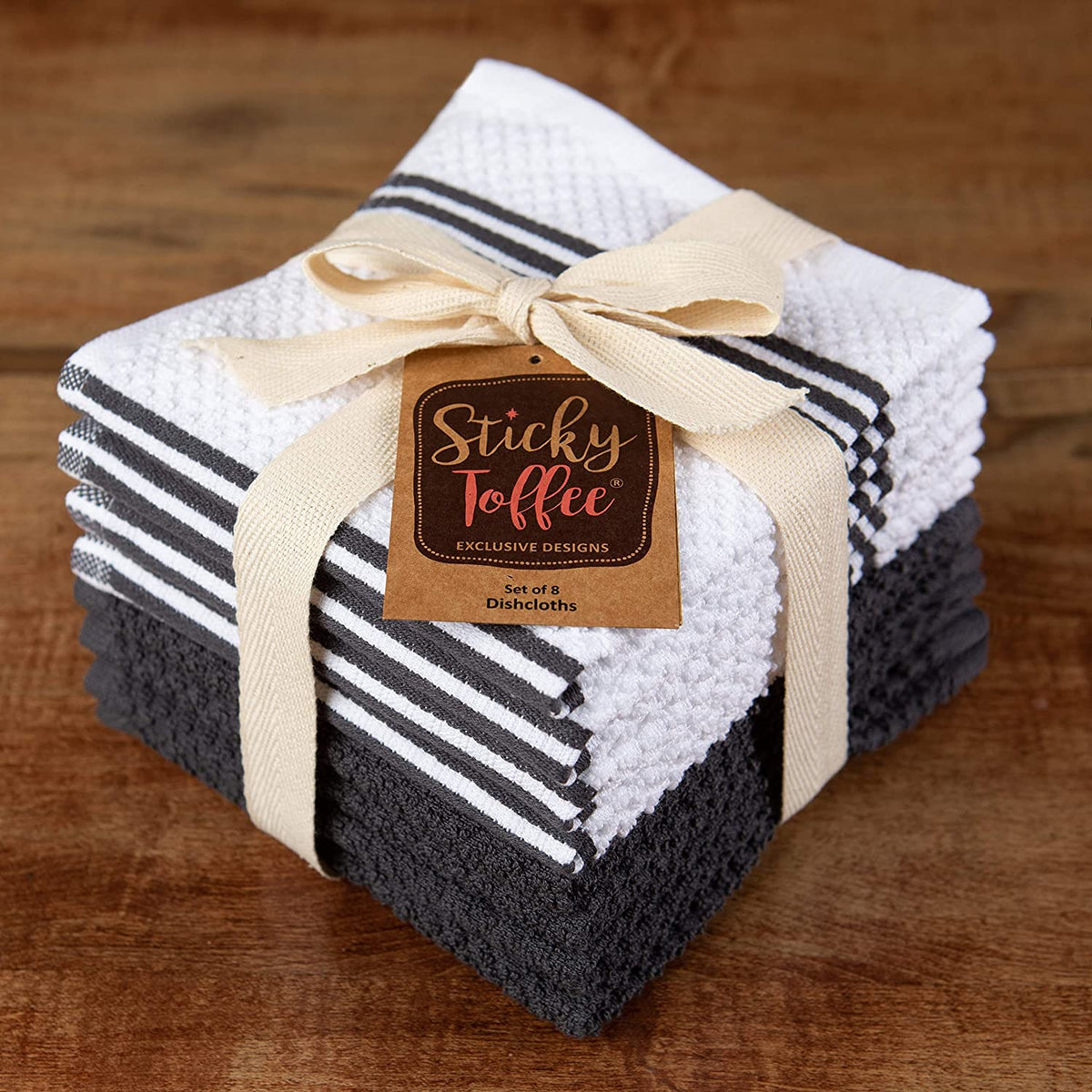 Sticky Toffee Cotton Terry Kitchen Dishcloth, Striped, 8 Pack, 12" x 12"