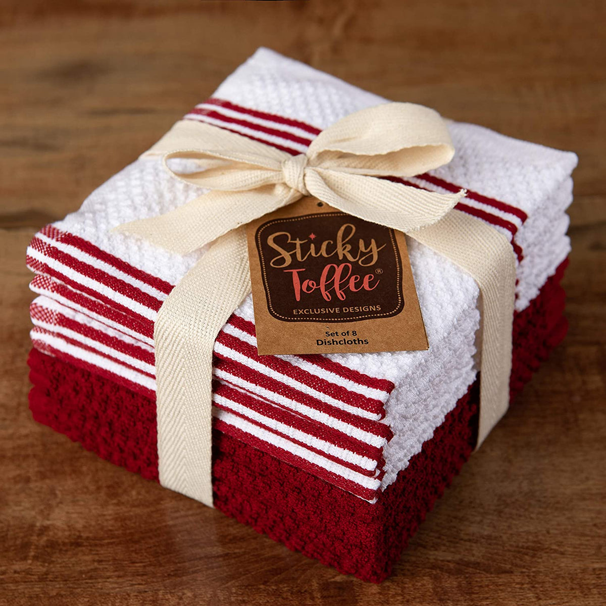 Sticky Toffee Cotton Terry Kitchen Dishcloth, Striped, 8 Pack, 12" x 12"